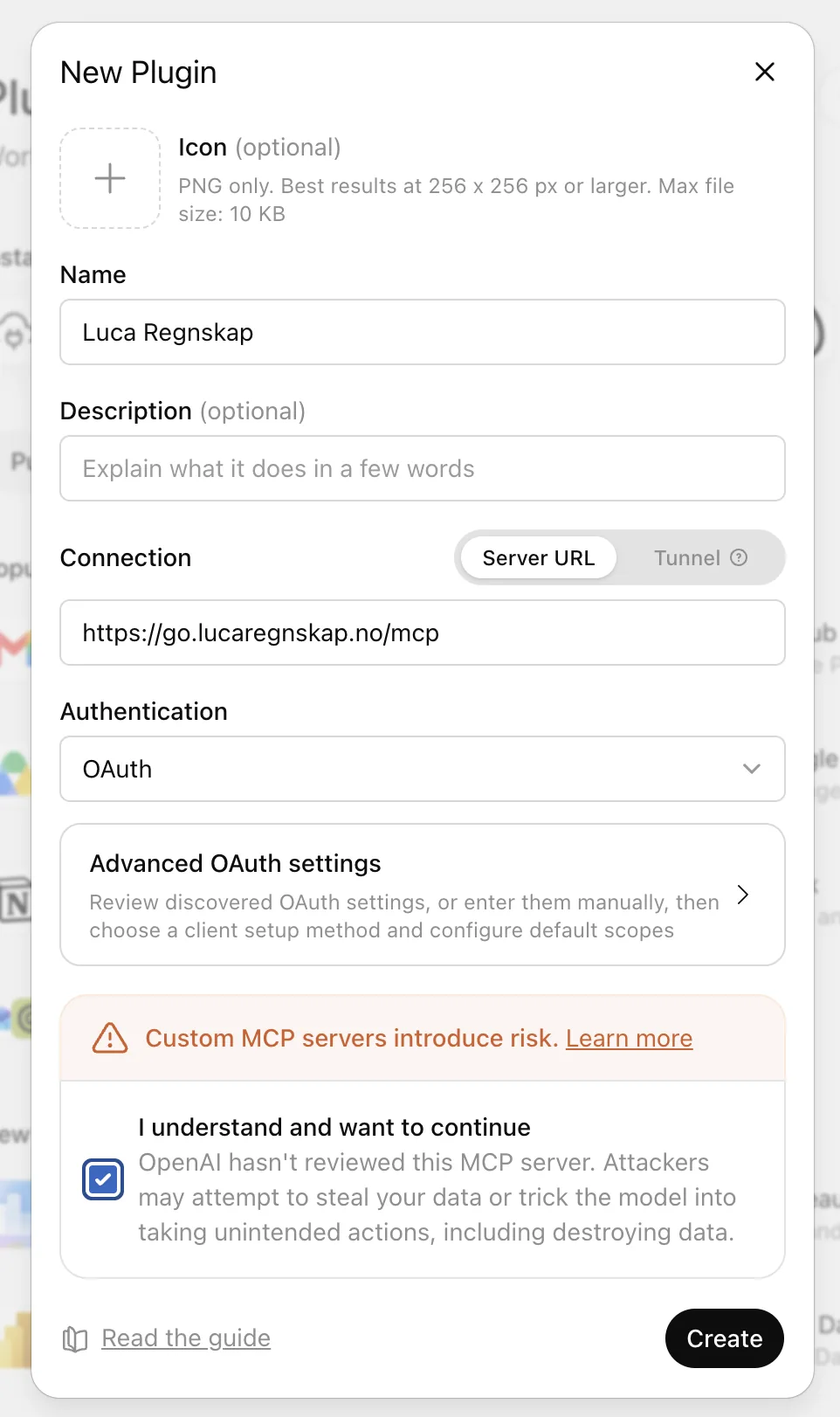 Dialogen New Plugin med navnet Numo Regnskap, adressen til Numo og OAuth valgt