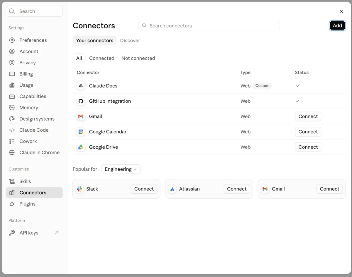 Connectors-siden i innstillingene i Claude, med Add-knappen øverst til høyre