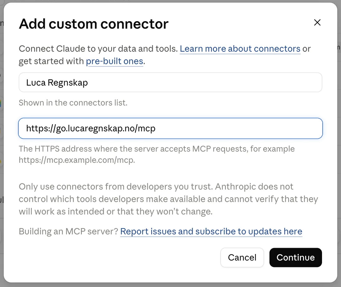 Dialogen «Add custom connector» med navnet Numo Regnskap og adressen til Numo fylt ut
