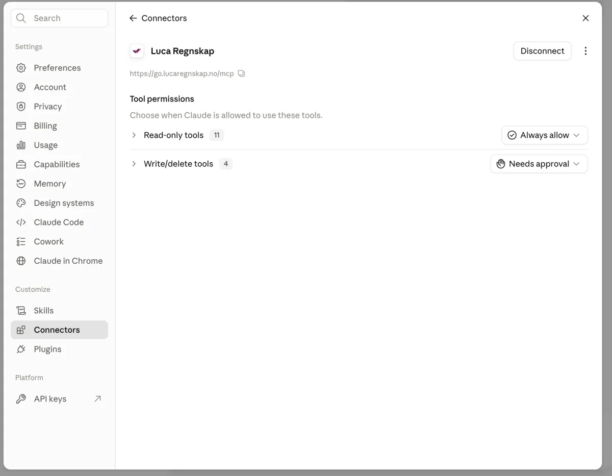 Tool permissions for Numo-tilkoblingen, der Read-only tools er satt til «Always allow» og Write/delete tools til «Needs approval»
